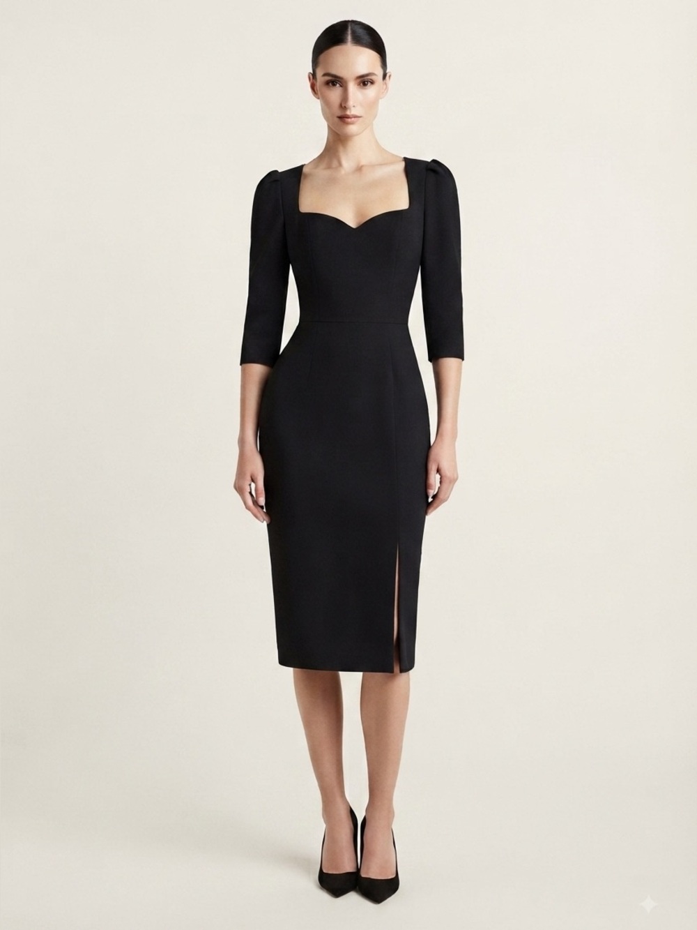 Black Sweetheart Midi Dress with Elbow Sleeves